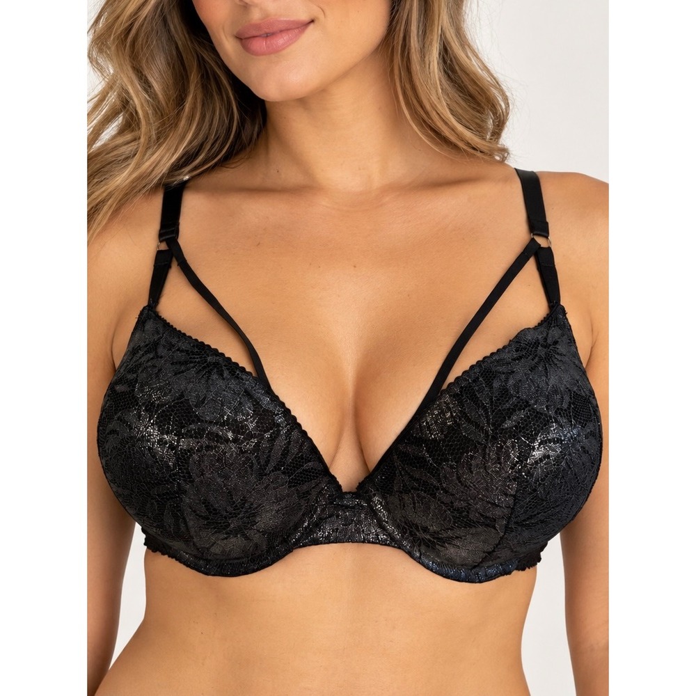 Victoria's Secret Bombshell Plunge Push-Up Bra Black Floral Lace Strappy 38D